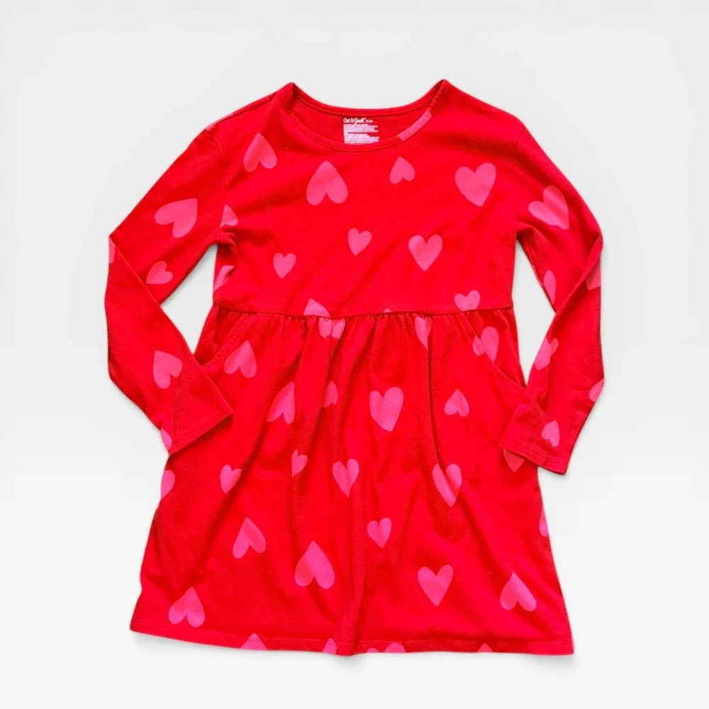 Cat & Jack Girls Red Pink Heart Print‎ Long Sleeve Pocket Dress Size M 8